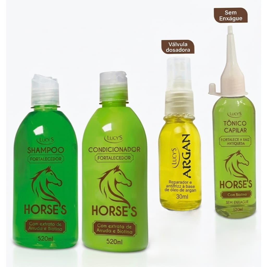 Kit Capilar Horse’s Lucy’s Completo – Crescimento Acelerado e Brilho com Biotina Shampoo, Condicionador, Tônico, Óleo