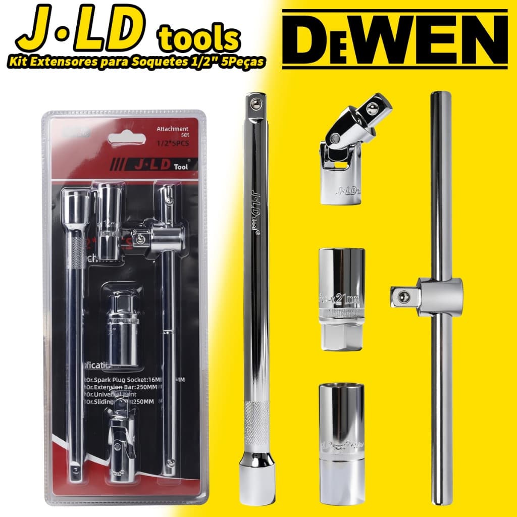 Kit  Peças Extensor de Soquete 1/2"  Aço CRV Forjado Alta Resistência com Chave T Deslizante e Soquetes de Vela