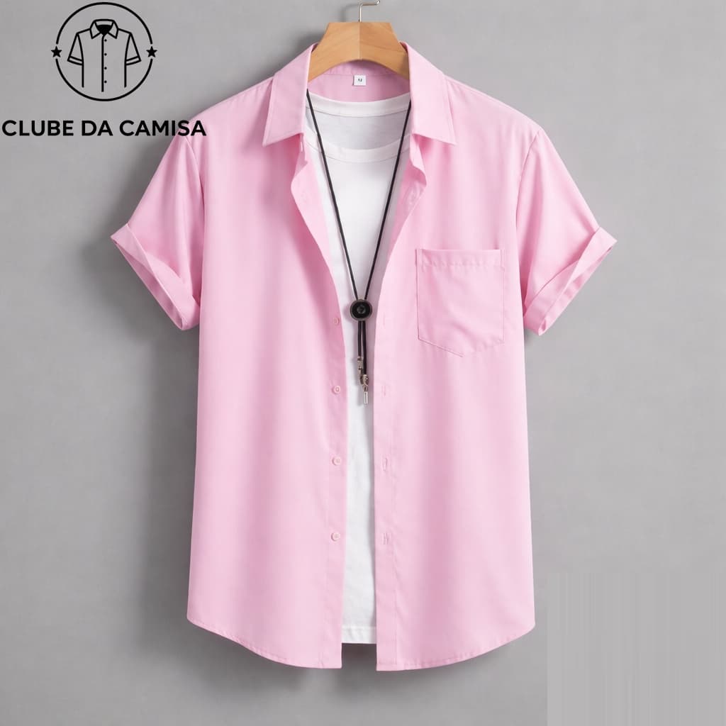 Camisa Masculina Casual Social de Manga Curta Lisa com Bolso em Poliéster Levemente Elástico