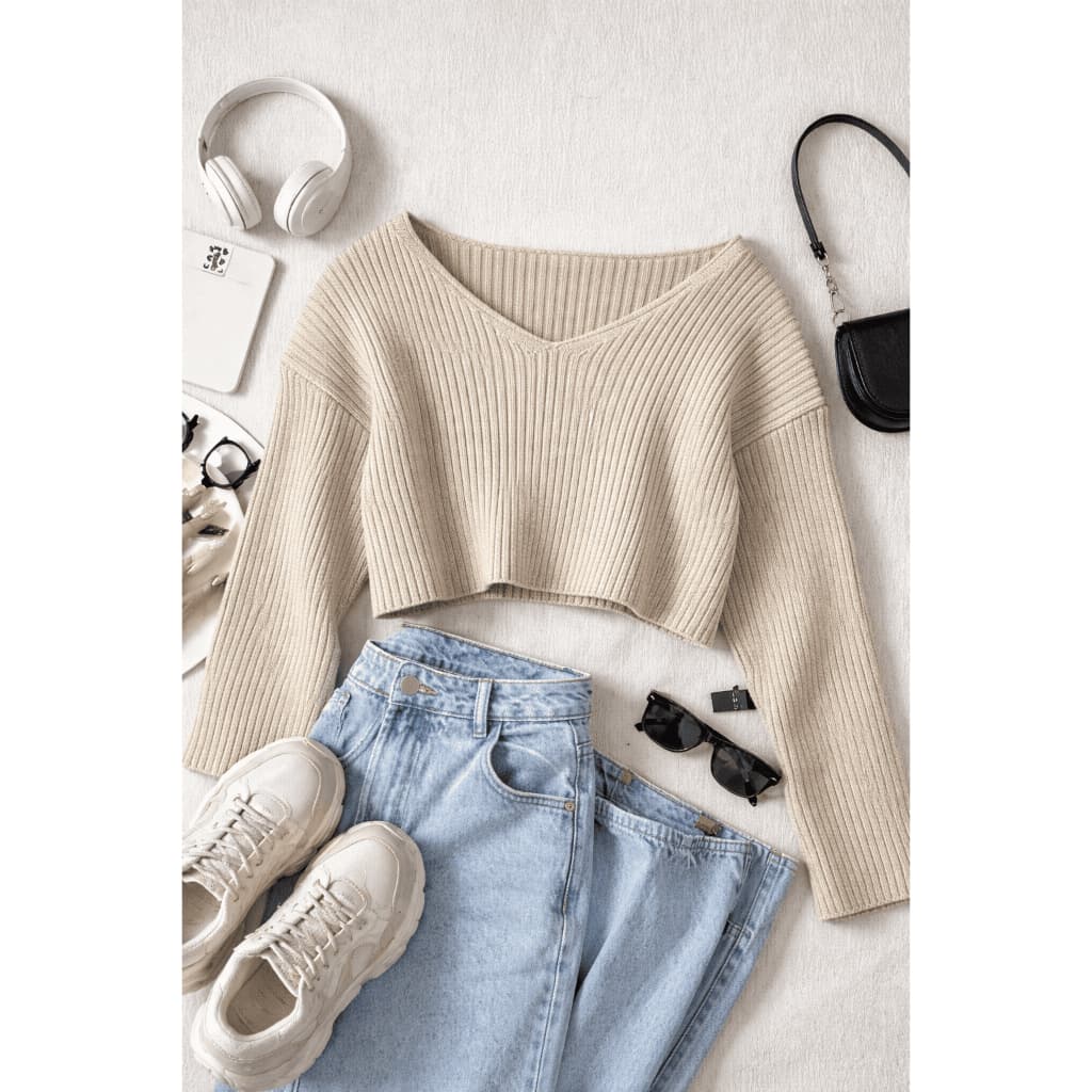 Suéter Cropped de Tricô Canelado Com Ombros Caídos, Blusas de Manga Longa Outono Inverno Frio