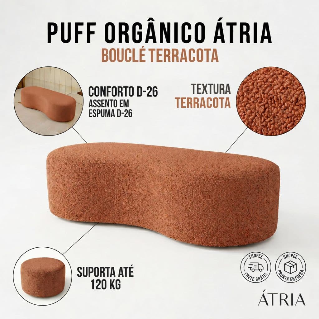 Puff Atria Orgânico Grande 100cm Bouclé Terracota – Decorativo e Confortável