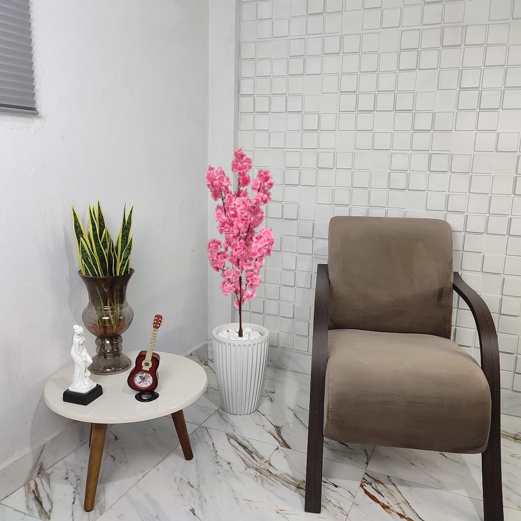 Flor Artificial Cerejeira Japonesa Rosa Vaso Cone Mármore Pedra