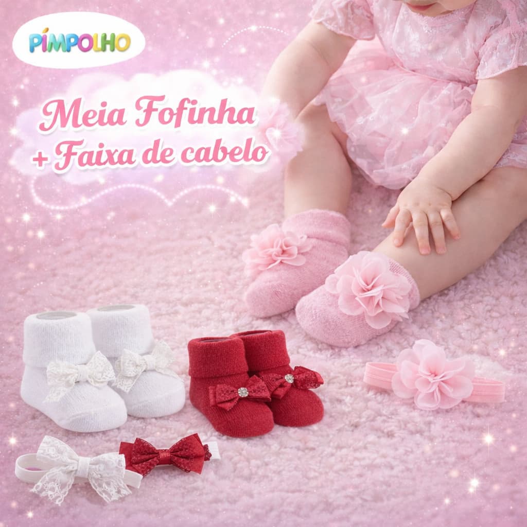 Meia infantil RN + Faixa laço infantil soft recem nascido bebe FESTINHA FAIXA SOFT RN FEM PIMPOLHO