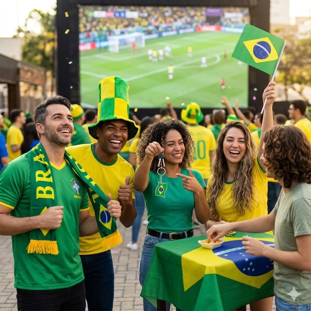 Kit Torcida Brasil Copa do Mundo Chaveiro 02 Bandeiras Cartola Aveludada Quadriculada Cachecol