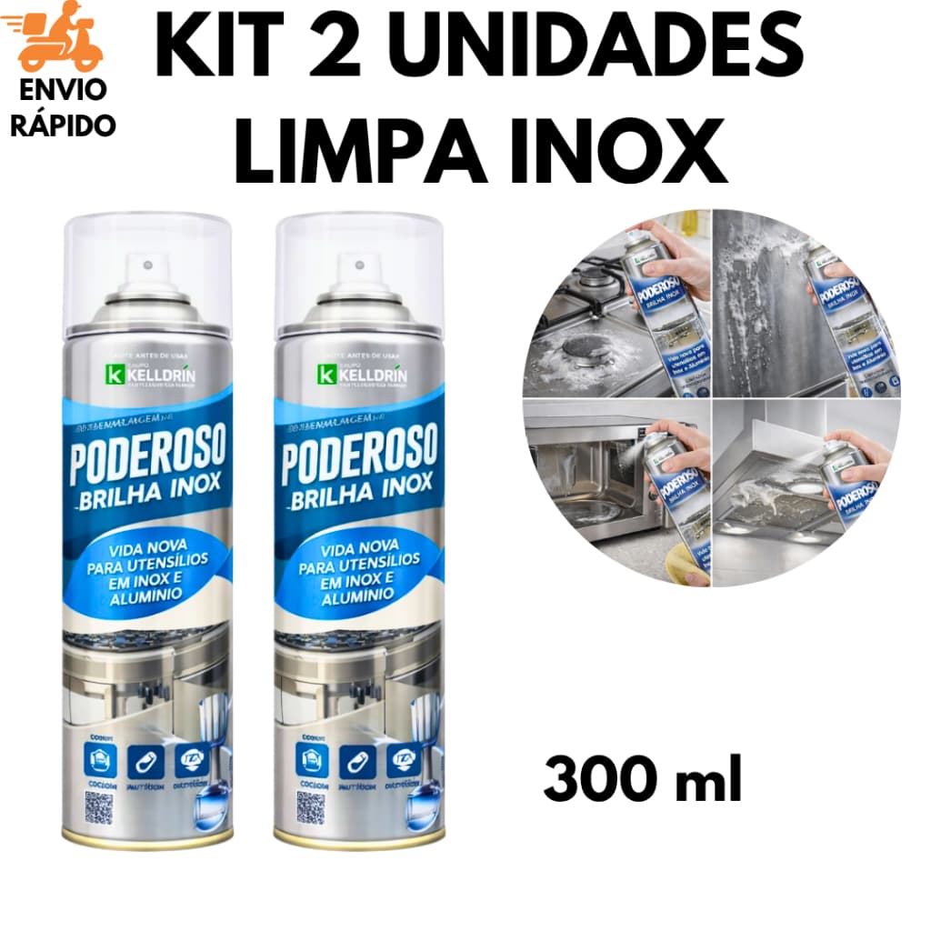 Kit 2 Unidades Limpa Inox Alumínio Poderoso Limpa Fogão Geladeira Coifa Microondas 300ml