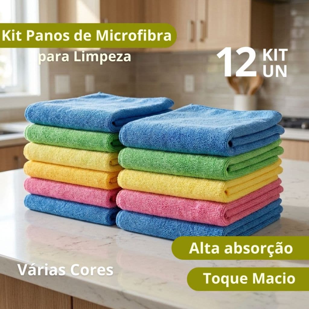 Kit 12 Panos de Microfibra para Limpeza Alta Absorção Multiuso Cores Variadas