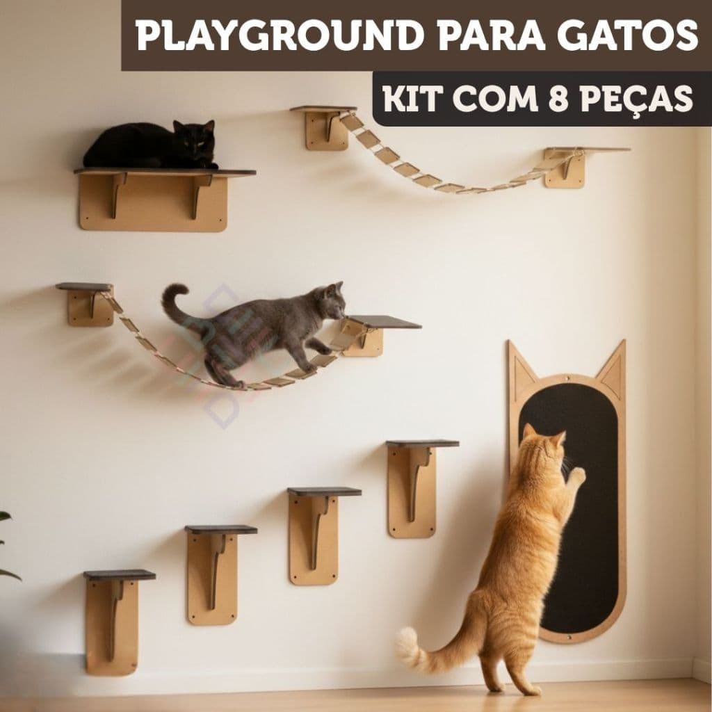 Kit Playground Gato 8 Peças Reforçado Circuito Parede MDF - Ponte Degraus Arranhador Antiderrapante