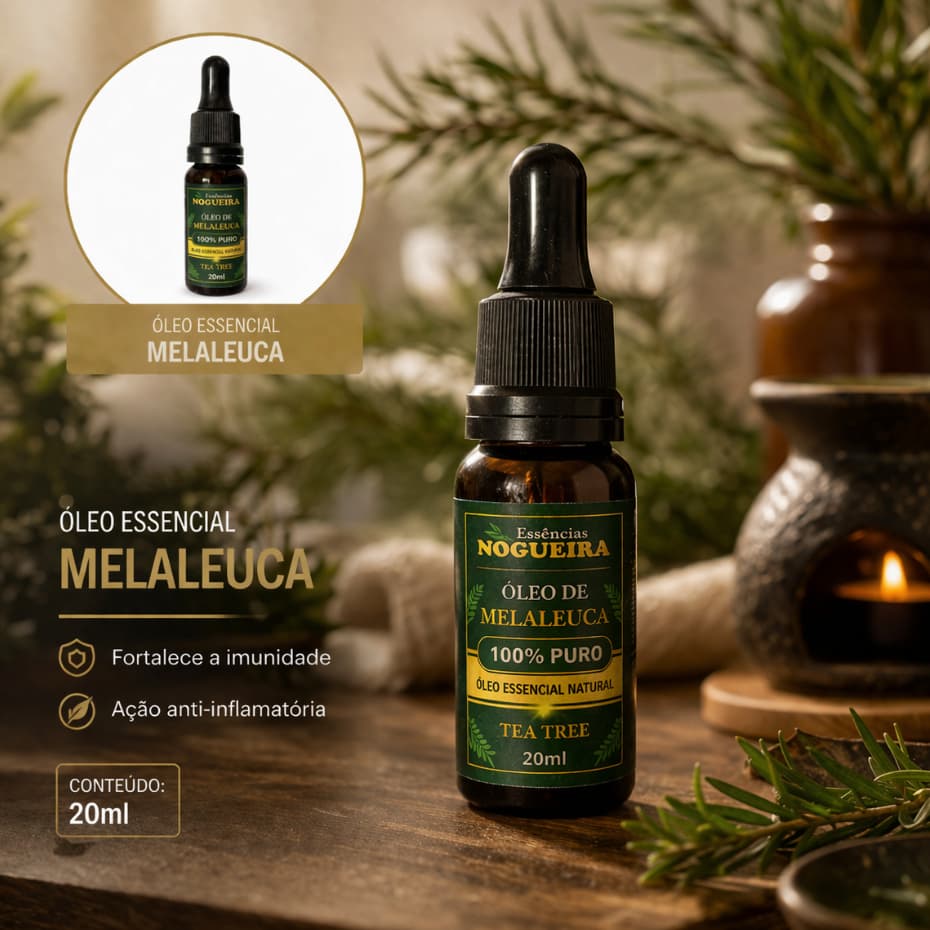 Óleo Essencial de Melaleuca 20ml Nogueira Tea Tree Puro para Pele Cabelos Caspa Acne e Aromaterapia