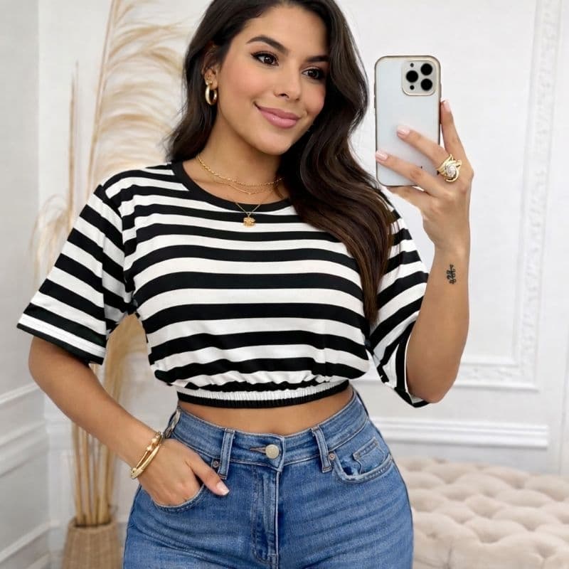 Blusa Feminina Listrada Com Elástico na Cintura