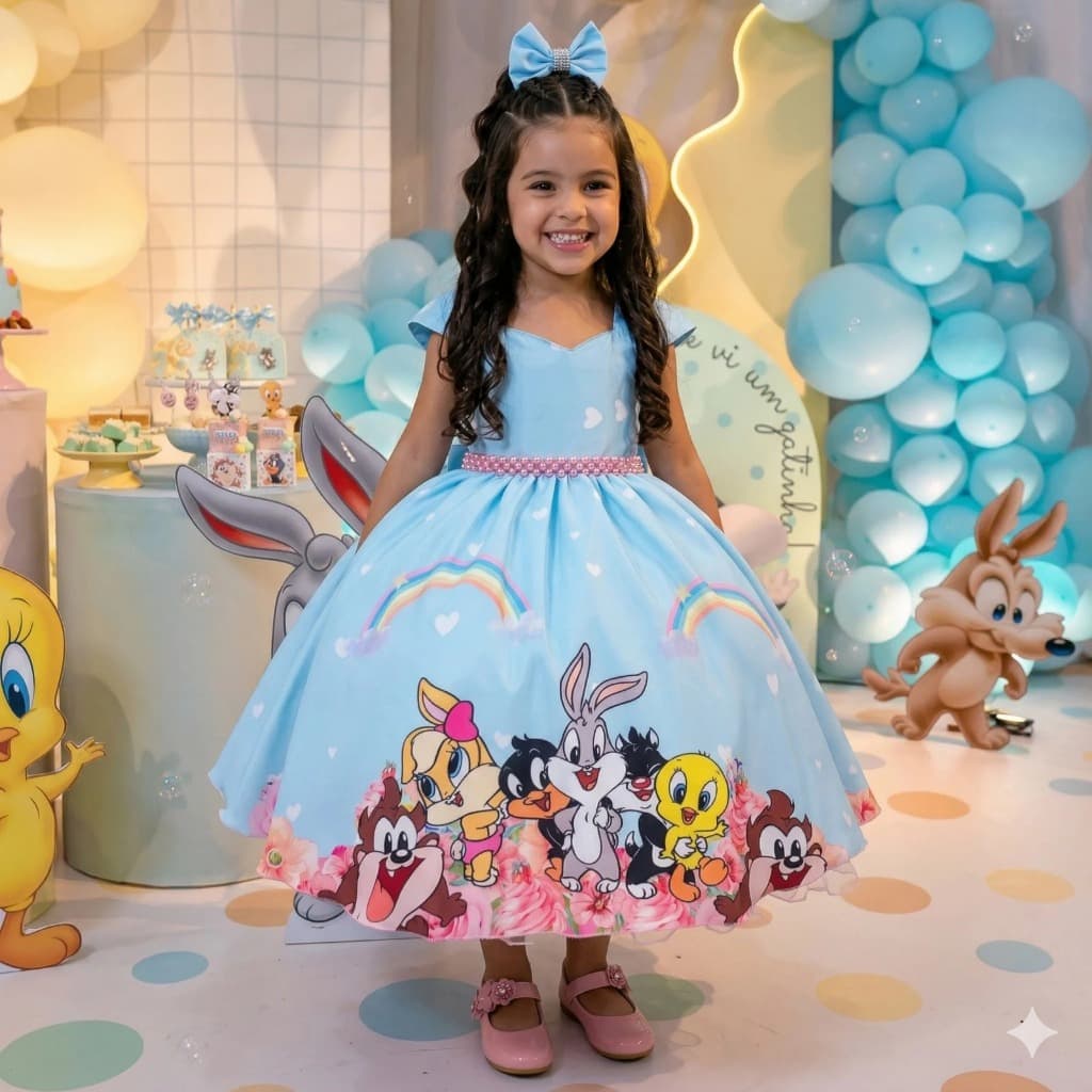 Vestido Infantil Looney Tunes Azul Festa Temática Menina