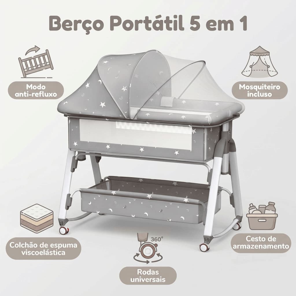 Berço Bebê Multifuncional - Berço Portátil Ajustável com Redinha e Rodas para Recém-Nascido -P18