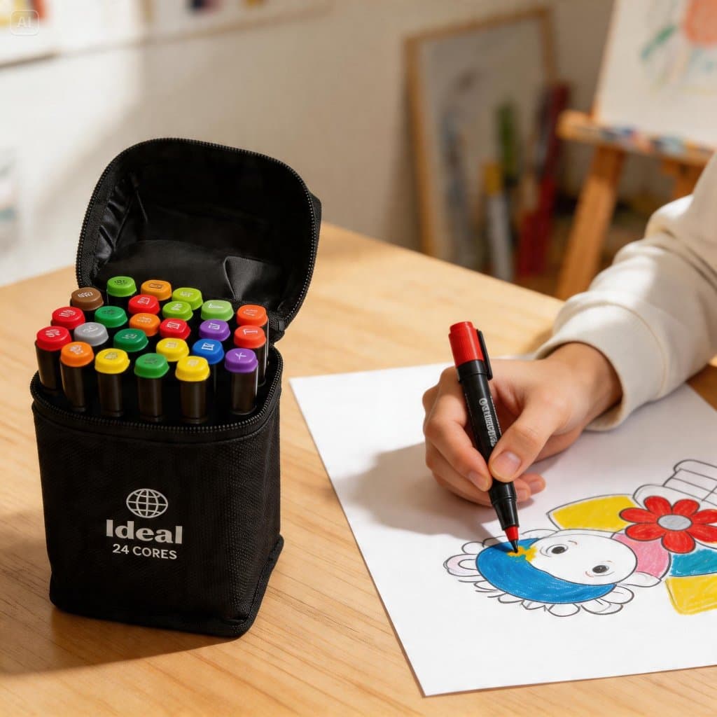 Estojo Com 24 Canetas Marcadoras Cores Vibrantes pontas duplas Codificadas Material Artistico