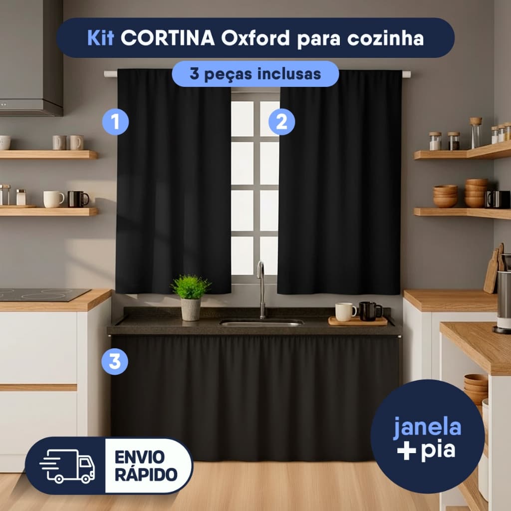 ✨Jogo de Cortina de Cozinha 1,40m x 1,50m e Cortina Para o Balcao da Pia 1,50m x 0,80cm - Tecido Oxford Liso ✨