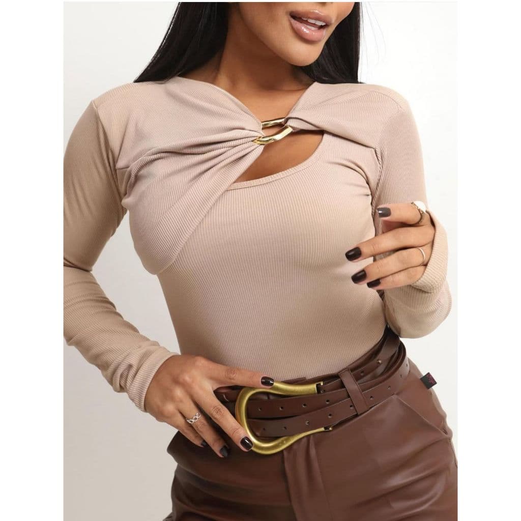 Blusa Feminina Flanelada FIVELA METALICA   Manga Longa Detalhe Fivela Dourada Casual Elegante Inverno