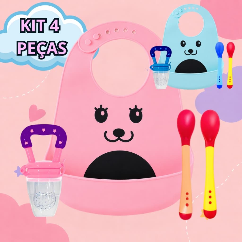 Kit Introdução Alimentar Bebê Babador Silicone + Chupeta Alimentadora + 2 Colheres Termossensíveis