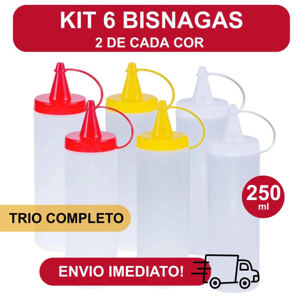 Kit 6 Bisnagas (2 de cada cor) Ketchup, Mostarda e Maionese Lanchonete Bar 250ml