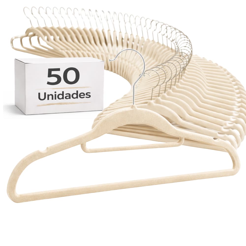 Cabide de Veludo Adulto com Gravateiro 42cm Bege 50 pecas