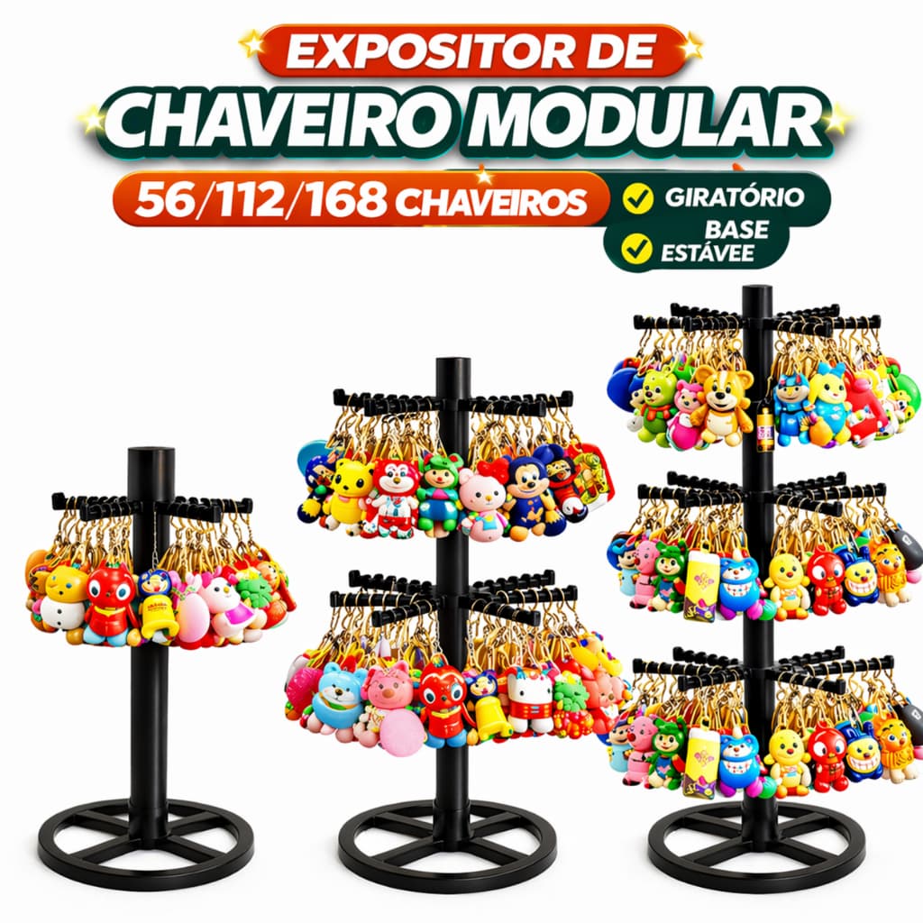 Expositor Giratório Modular Chaveiros Stand Loja Suporte Display Vitrine Balcão Joias Bijuterias Painel Comercio Ganchos