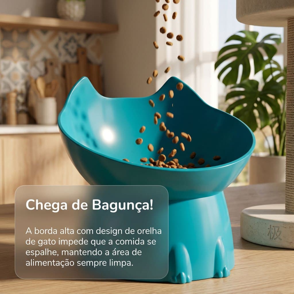 Tigela Inclinada p/ Gatos|Formato Orelha|5 Cores:Azul,Rosa,Preto,Cinza,Verde|Antiderrapante