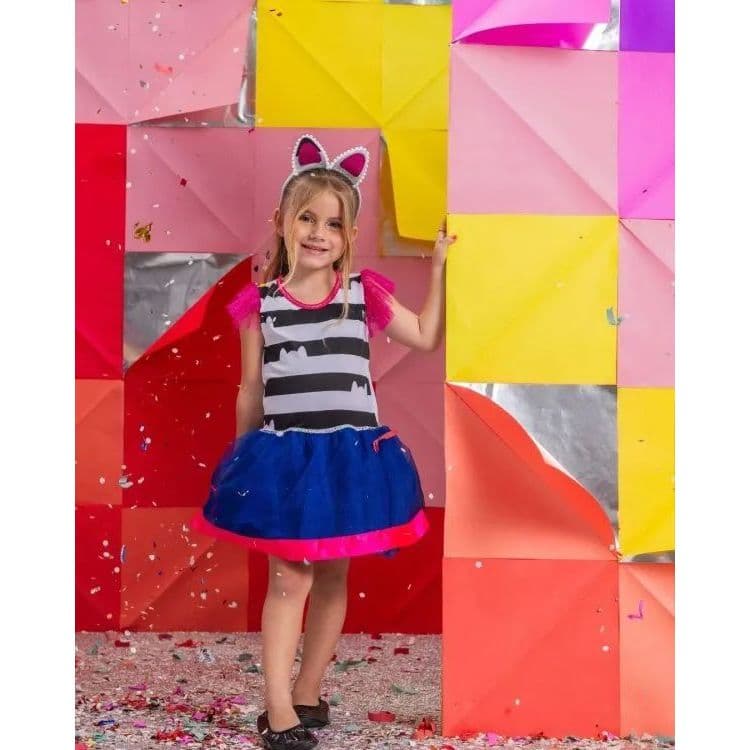 Fantasia Gabby Casa Mágica Infantil Menina Vestido Luxo Listrado + Tiara Gatinha Festa Aniversário Cosplay