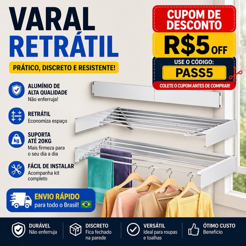 Varal Mágico Oculto Retrátil Dobrável 70cm 5 Varetas Romelux