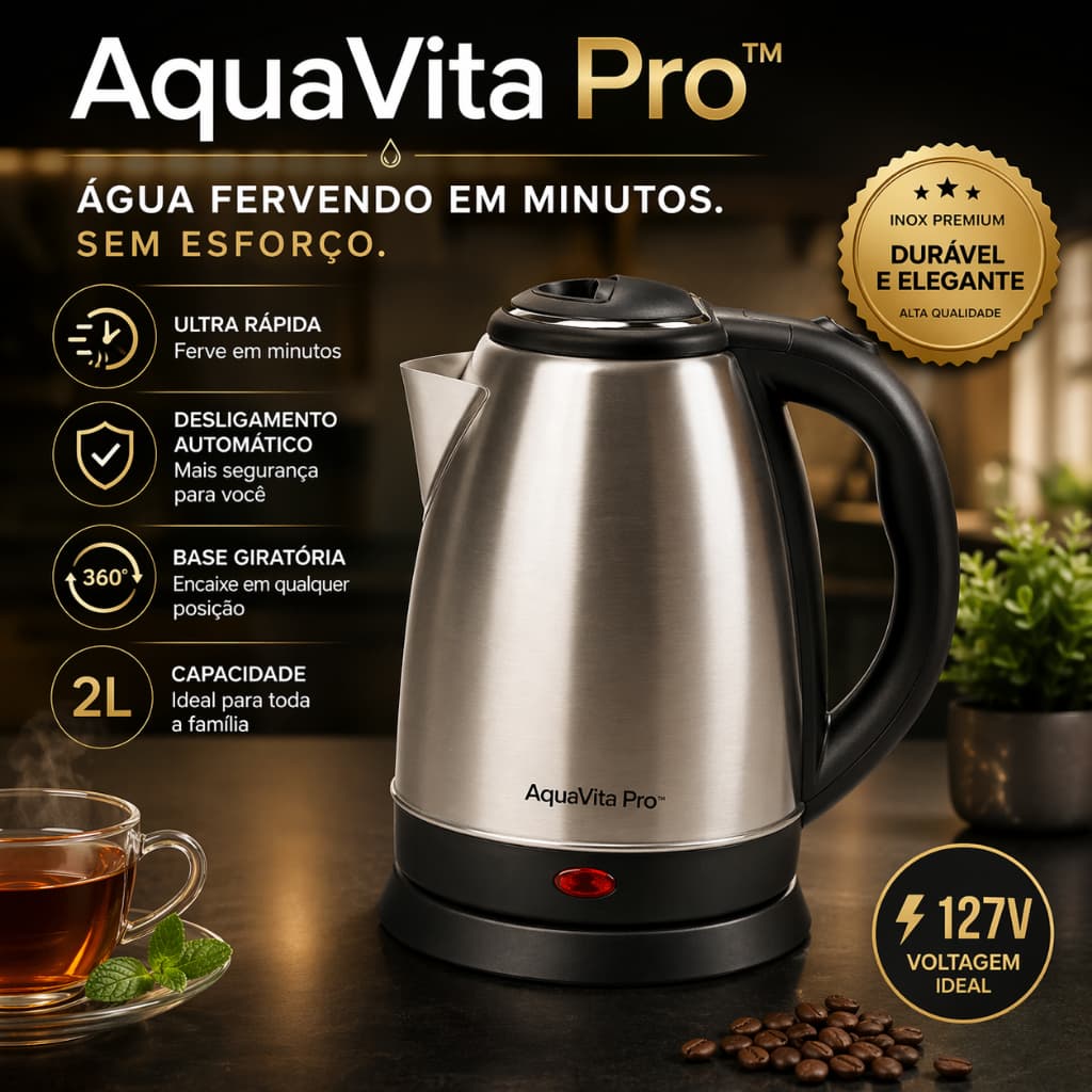 AquaVita Pro™ Chaleira Elétrica Inox 2L 127V Ultra Rápida Desligamento Automático Base 360° Econômica e Segura