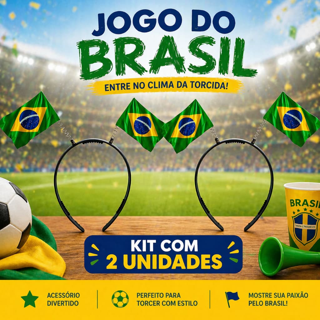 Kit 02 Tiara Arco C/Bandeirinha p/ Cabelo Copa do Mundo Brasil Festa Torcida Jogo Seleção Brasileira