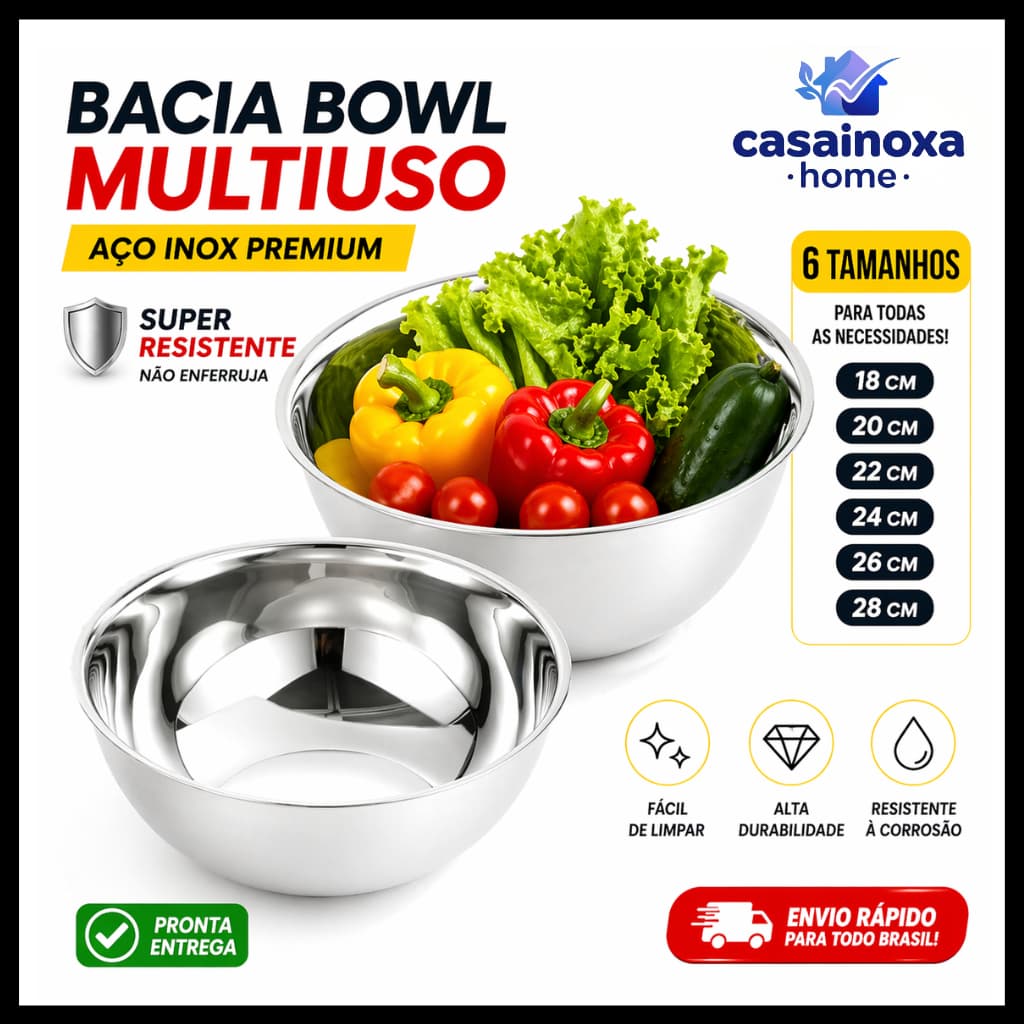 Bacia Inox Cozinha Tigela Aço Inox Premium Grande Resistente Não Enferruja Multiuso