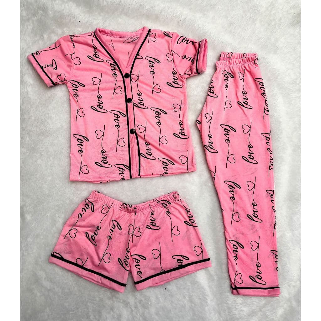 Kit 3 Peças Pijama Americano de Menina Camisa Botões + Short + Calça Criança Conforto Malha 2 ao10
