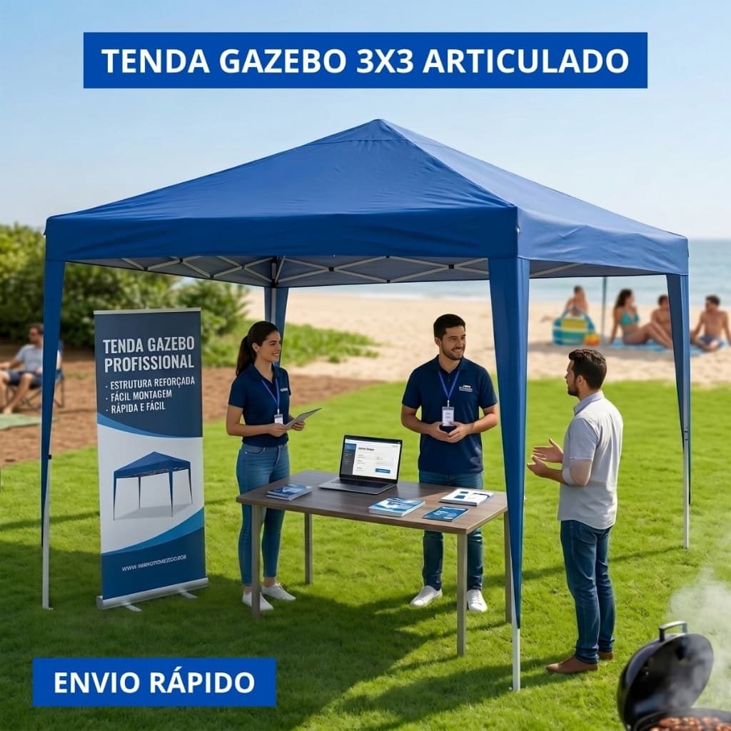 Tenda Gazebo 3x3 Articulado SANFONADO Dobrável 3x3 para Praia Camping Feira Açai Toldo Barraca