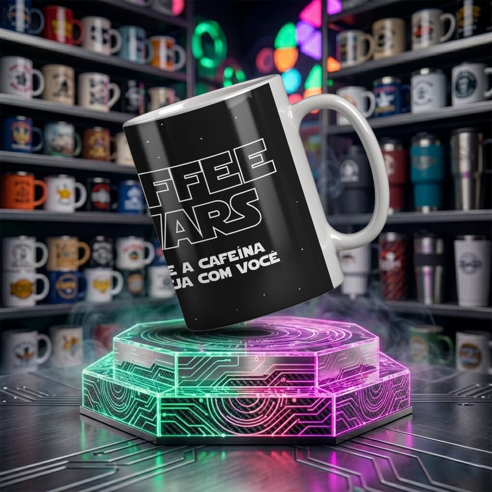Caneca Star Wars Coffee branca de cerâmica 325ml com Estampa Geek | Tema Coffee Geek