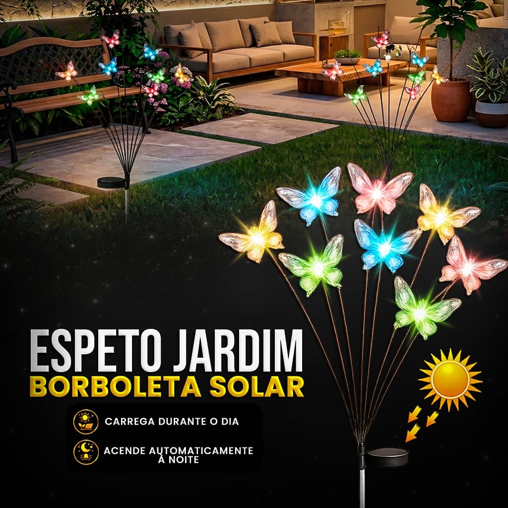 Espeto Jardim Borboleta Solar LED 8 Luzes Coloridas Decorativo Resistente Chuva IP66