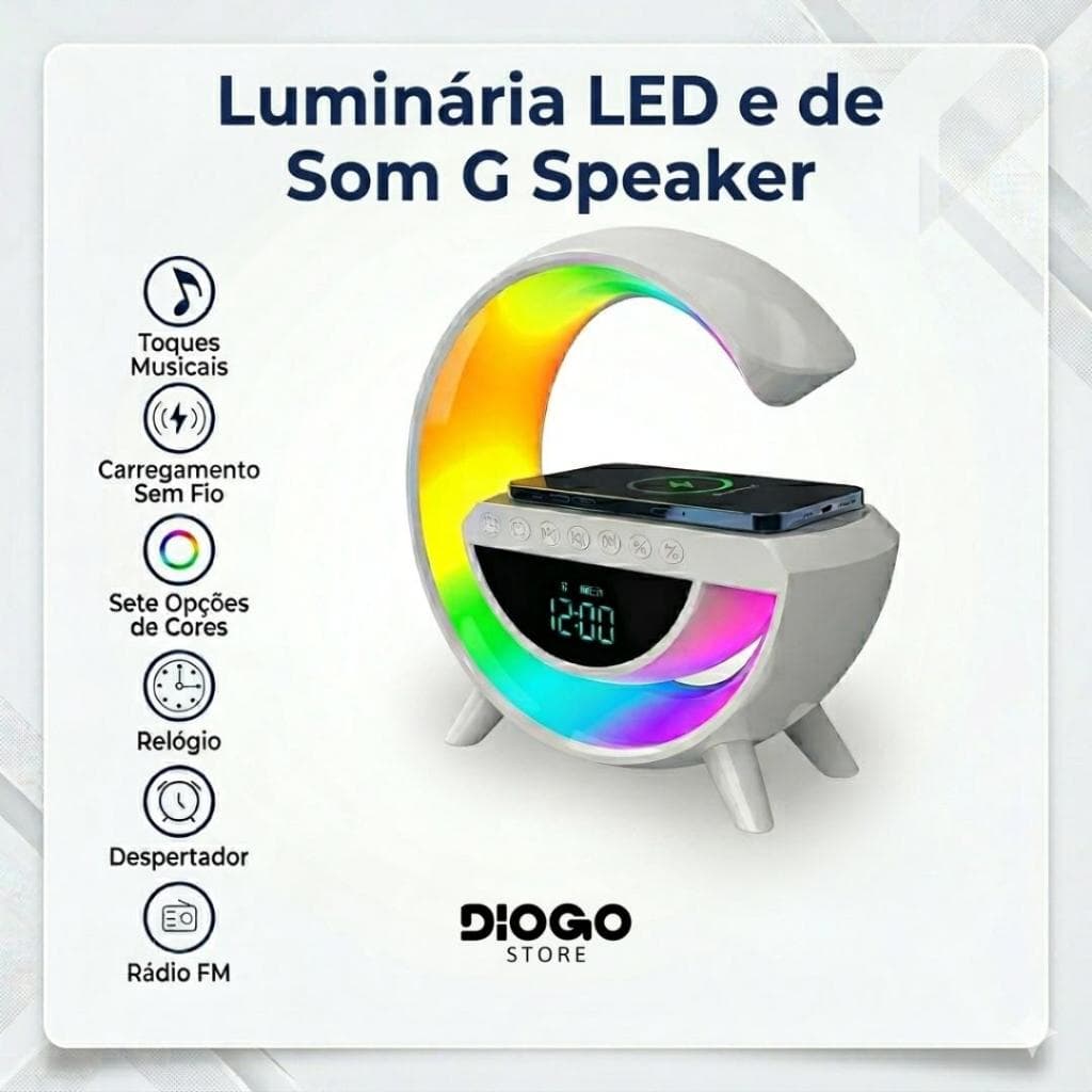G Speaker Smart Station Luminária LED BT 2301 RGB Caixa de Som Bluetooth Carregador Indução USB Cartão TF FM 15W