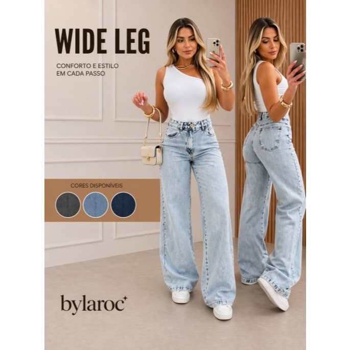 Calça Jeans Feminina Wide Leg Marmorizada Sem Lycra Cintura Alta Pantalona Premium Sofisticada