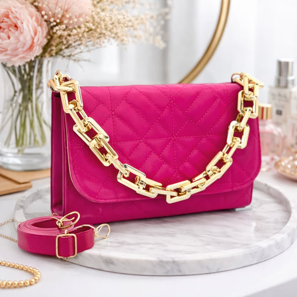 Bolsa Feminina Tiracolo Pink com Corrente Dourada e Alça Transversal Removivel