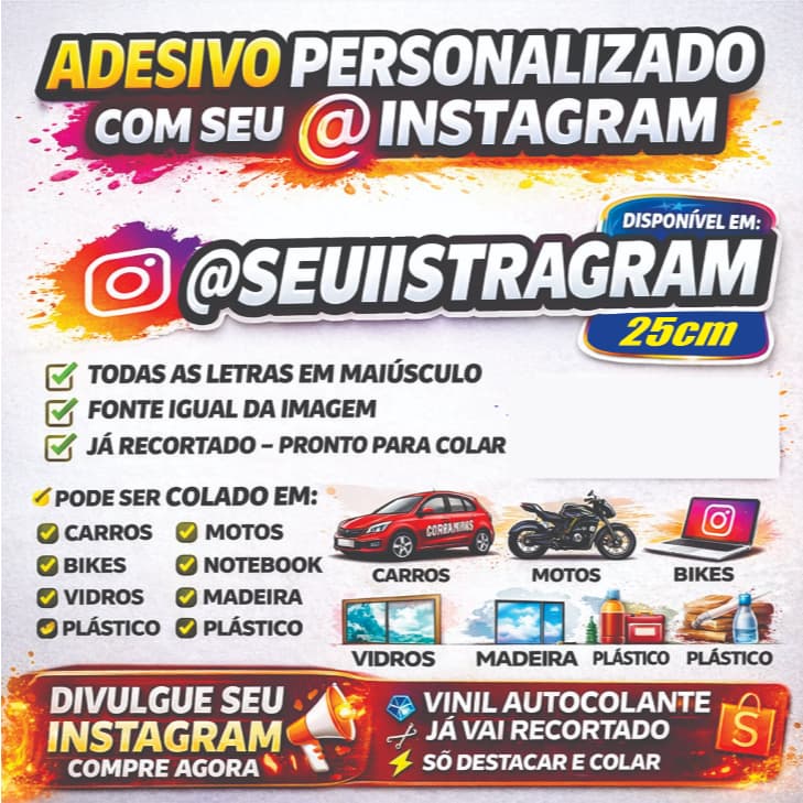 Kit Adesivos personalizado impressão com seu @SeuInstagram para Carro Moto Notebook Capacete Bike