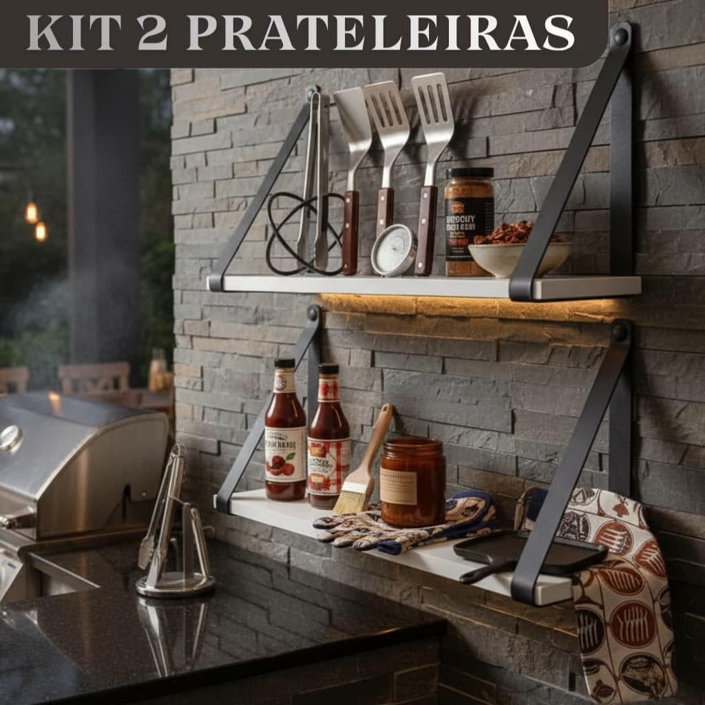 Kit 2 Prateleiras 15x45cm Branca Alça Preta de Couro Ecológico Resistente Design Moderno