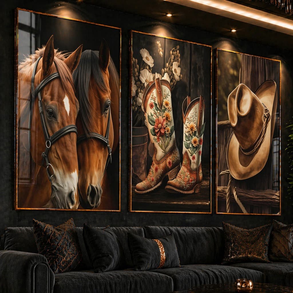 Quadro Decorativo Cavalo do Oeste, Botas de Cowboy e Chapéu de Cowboy, Fazenda, Estilo Cowboy