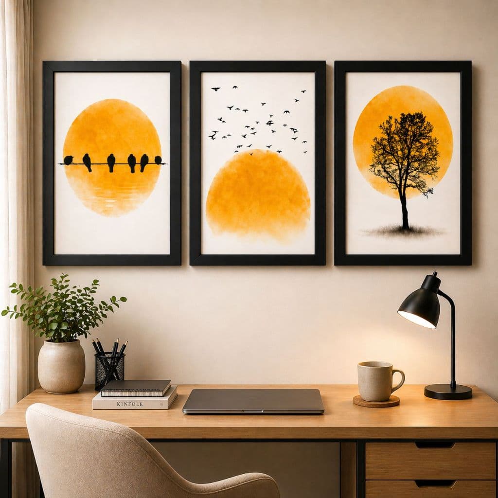 Quadros Decorativos Minimalista Sol Laranja Moldura Preta Decoração Sala Quarto Moderno