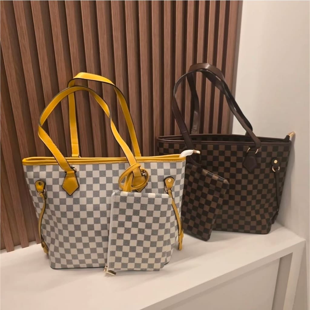 Bolsa Tote Luxo Transversal Feminina de Ombro com Carteira Dia a Dia Linda Xadrez
