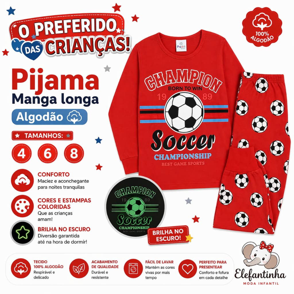 Pijama Infantil Menino Manga Longa  - 100% Algodão Brilha no Escuro Pijama Infantil Menino