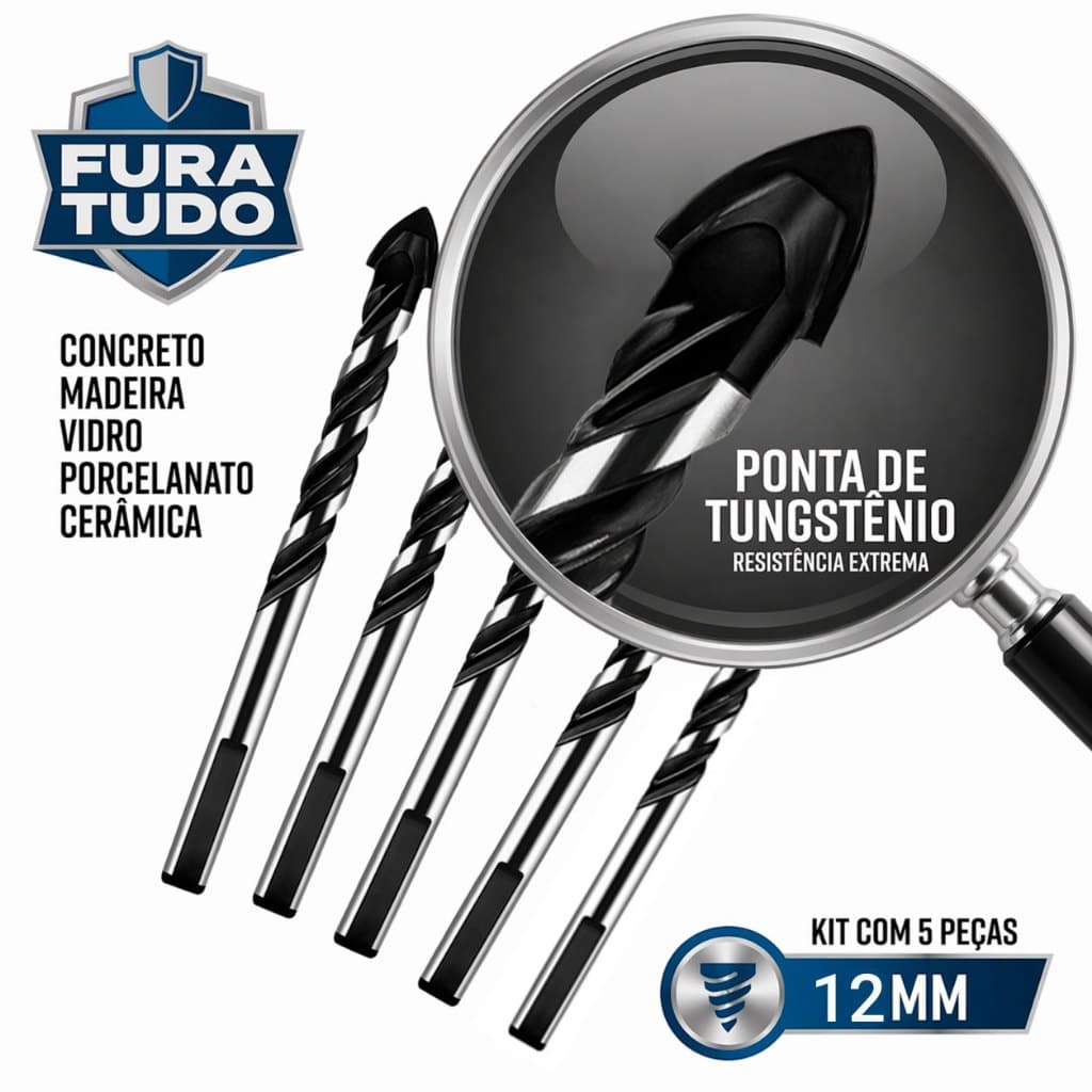 Kit 5 Brocas para Furadeira Fura Tudo 12MM Multiuso Fura Vidro Porcelanato Cerâmica Madeira Concreto