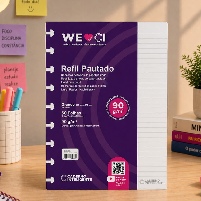 Refil A4 Caderno Inteligente Original Grande 11 Discos 50 Folhas Pautado Reposicionáveis 90g/m²