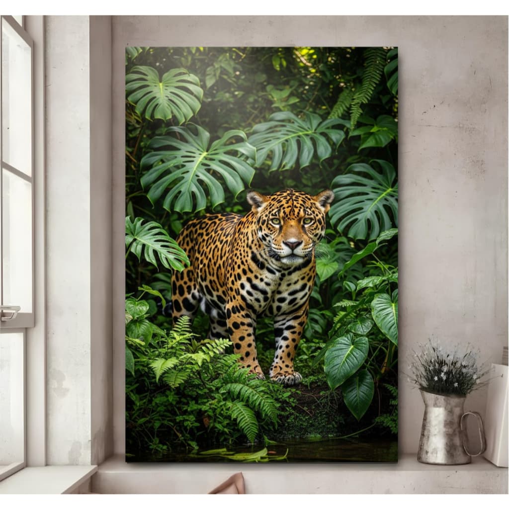 Quadro decorativo onça pintada Brasil folhas verdes quadros decoração sala quarto