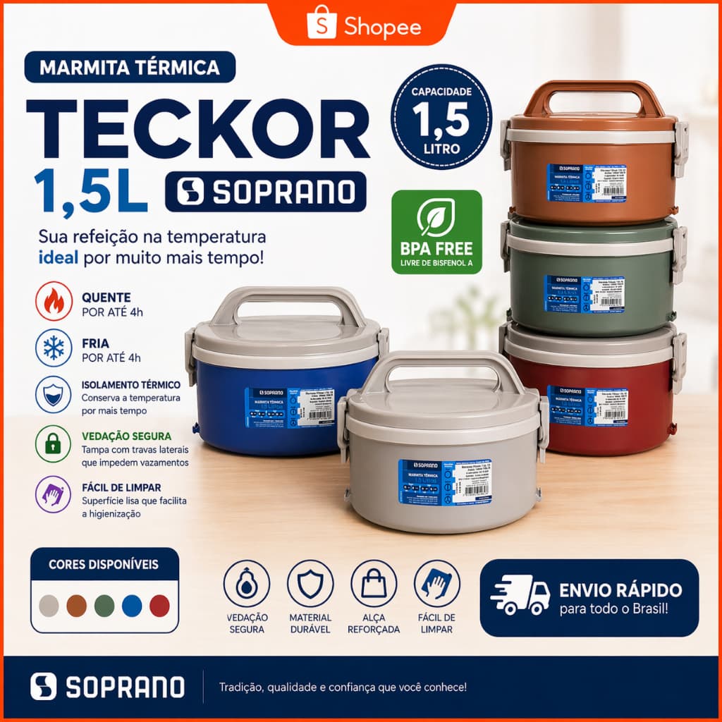 Marmita Térmica 1,5L Soprano Tekcor Quente e Frio com Alça Cores Variadas Resistente