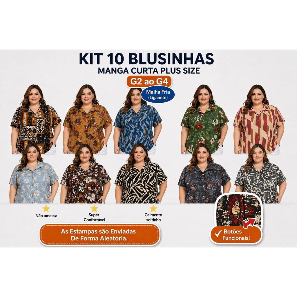 Kit 10 Blusas Plus Size Manga Curta Feminina Não Amassa Confortável G2 G3 G4 Atacado