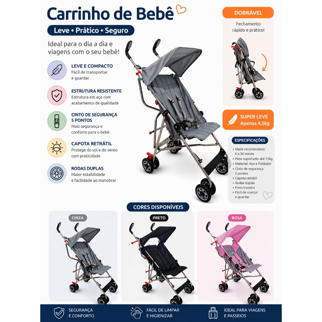Carrinho De Bebê Infantil Guarda Chuva Passeio Portátil Compacto Leve Seguro Capota Retrátil Menino Menina Até 15 Kg