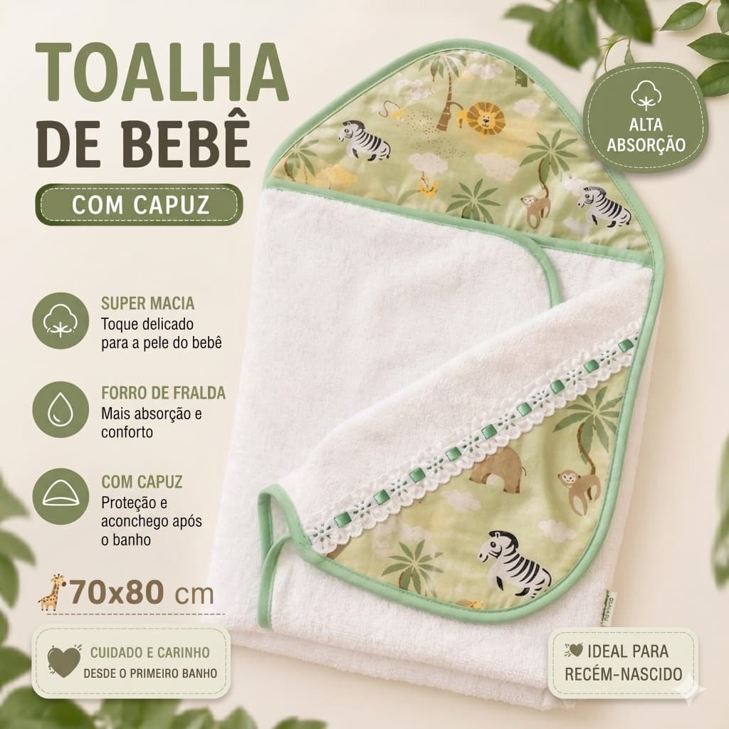 Toalha Bebê Capuz 70x80 Forrada Fralda Macia Absorvente Recém Nascido Estampas Variadas