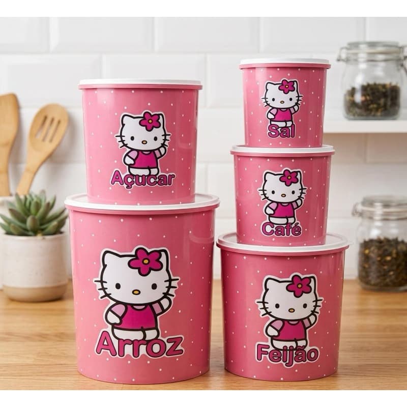 jogo potes vasilhas redondo 5 pecas mantimentos Hello kitty