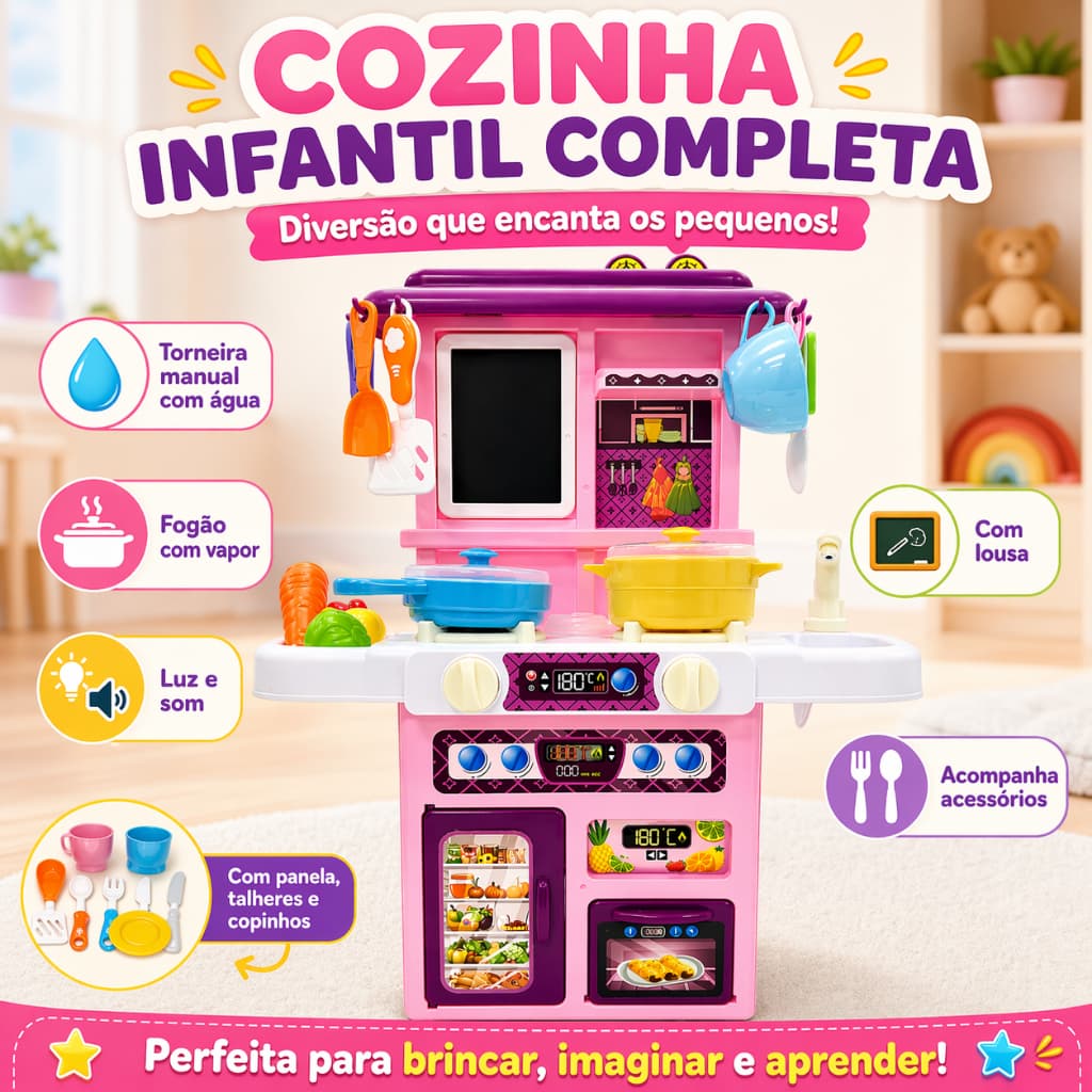 Cozinha Infantil com Fumaça Torneira com Agua Lousa Luz e Som